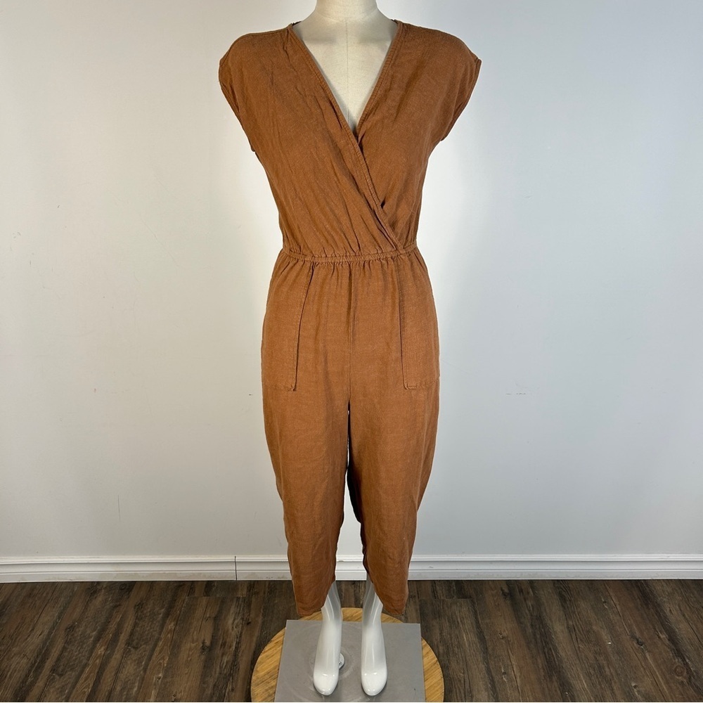 Universal Thread Tan Linen Blend Crop Wide Leg Wrap Jumpsuit XS